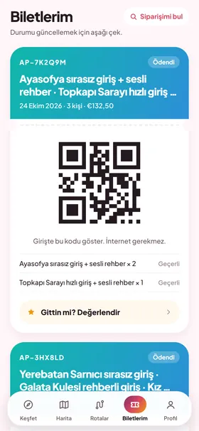 Biletlerim ekranı: Ayasofya ve Topkapı Sarayı biletleri için internetsiz açılan QR kod