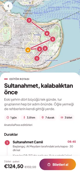 Rota ekranı: Sultanahmet rotasının haritası, yedi durağı ve rotanın biletleri