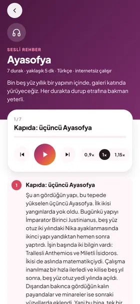 Sesli rehber ekranı: Ayasofya için yedi duraklı Türkçe anlatım oynatıcısı