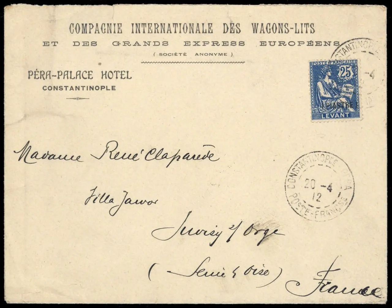 ظرف بترويسة Péra-Palace Hotel لشركة عربات النوم (Wagons-Lits)، 1912